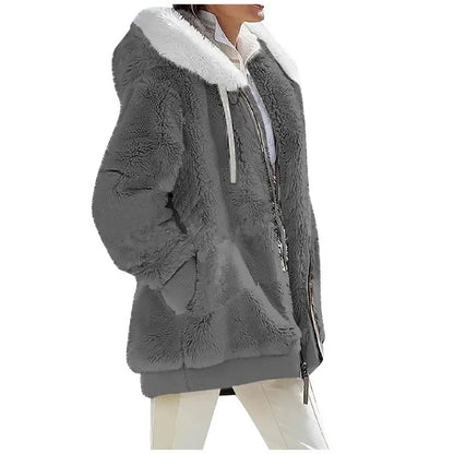 Women's Fleece Hooded Zip-Up Coat – Casual Warm Jacket for Fall & Winter