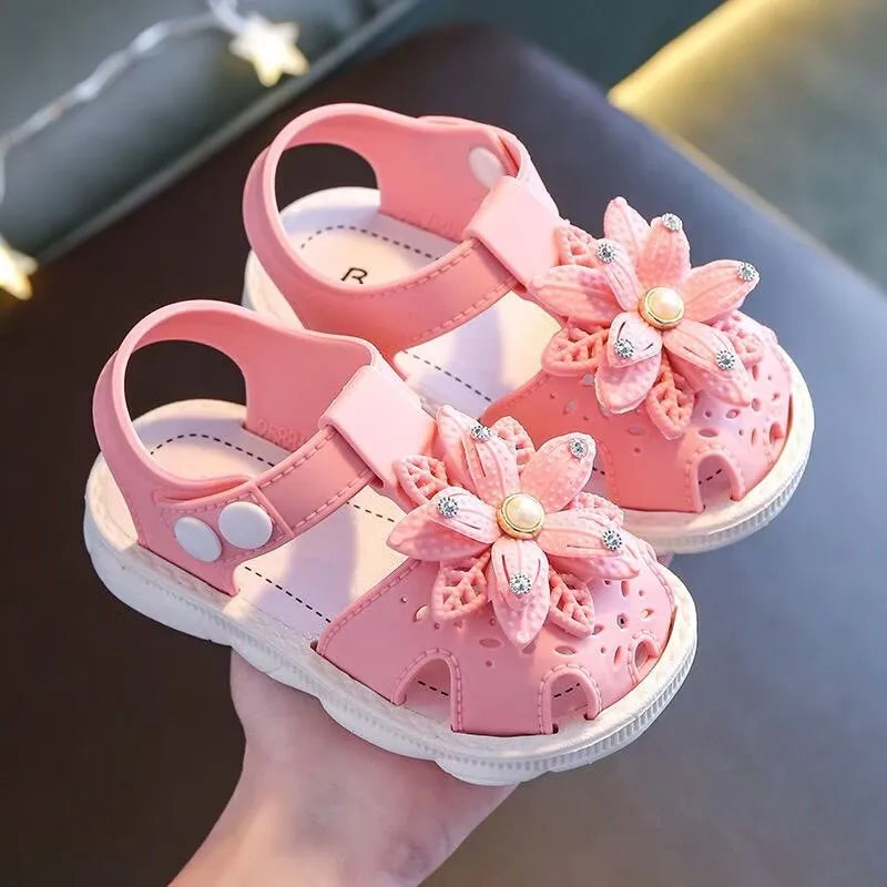 Girls Flower Rhinestone Sandals – Soft Sole Closed Toe