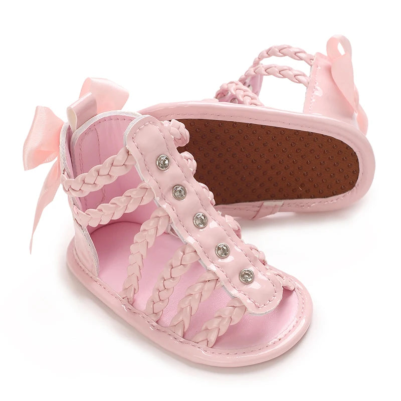 Baby Girl Roman Woven Sandals – Rivet Bow Open Toe 0–18 Months