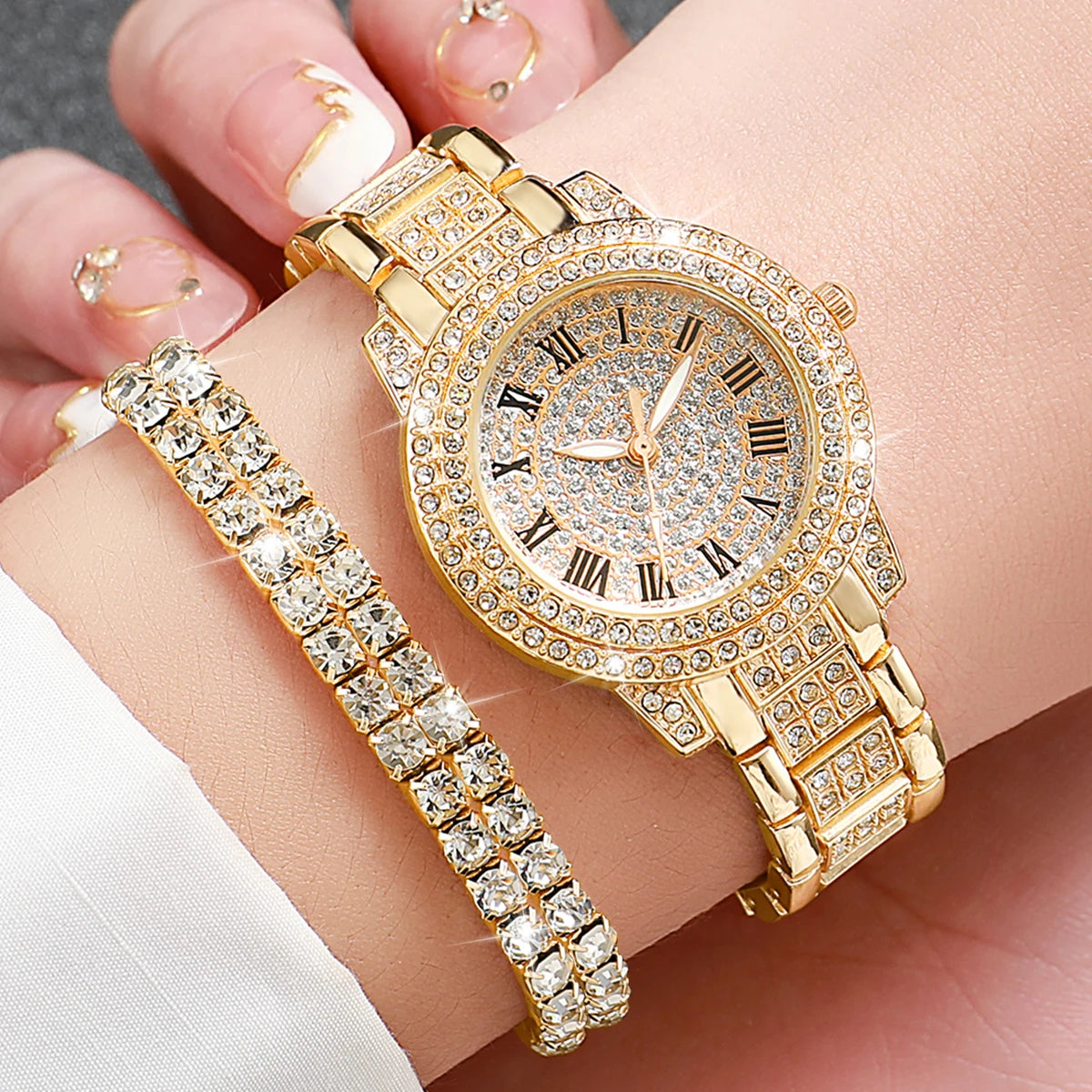 Diamond Women's Watch & Bracelet Set – Luxury Quartz