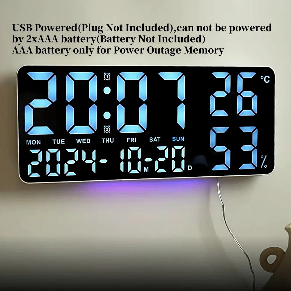 Large LED Digital Wall Clock with 7-Color Mood Light & Dual Alarm