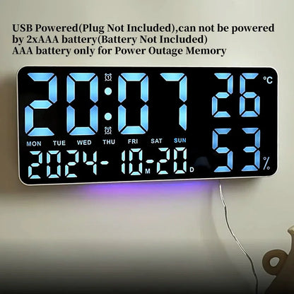 Large LED Digital Wall Clock with 7-Color Mood Light & Dual Alarm