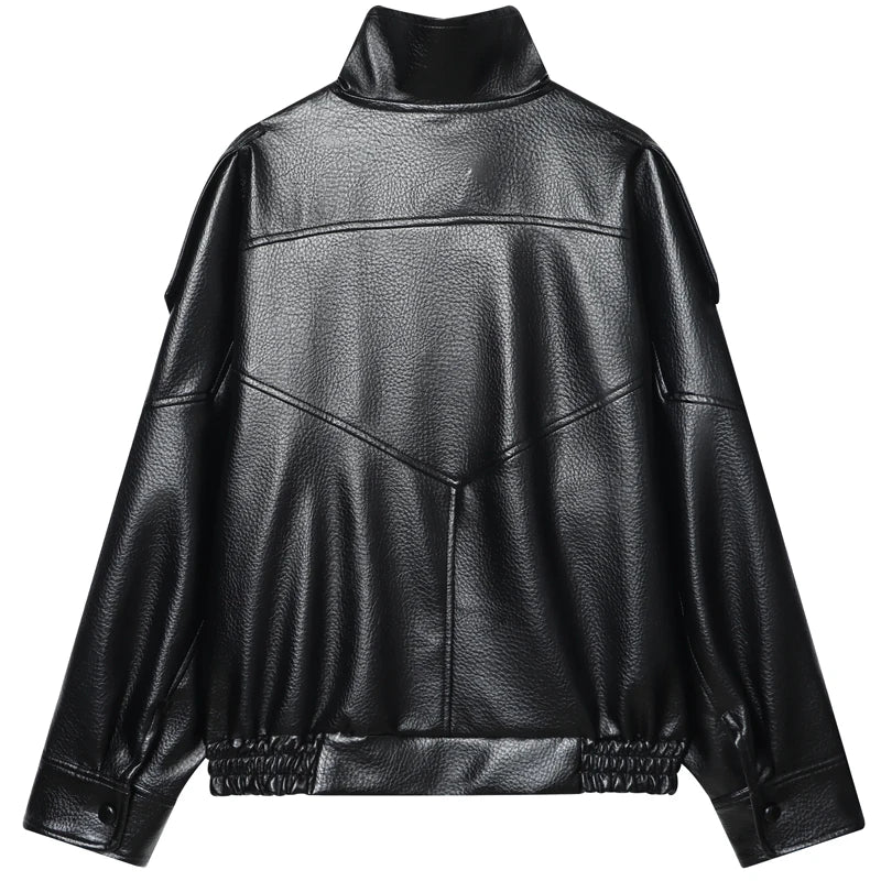 Women's Oversized Faux Leather Bomber Jacket – Cropped Zip-Up