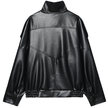 Women's Oversized Faux Leather Bomber Jacket – Cropped Zip-Up