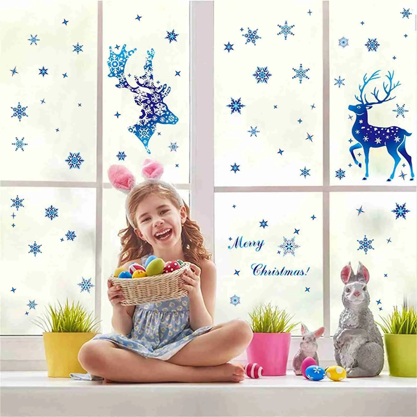 Christmas Window Clings – Blue Reindeer & Snowflake Stickers