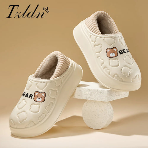 Waterproof Fur-Lined Bear Slippers – Unisex Winter House Shoes