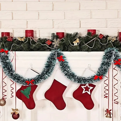 Christmas Tinsel Garland with Bows – Snow-Tipped Xmas Tree Ribbon Decoration