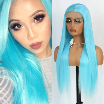 Blue Long Straight Synthetic Lace Front Wig 28 Inch 180% Density