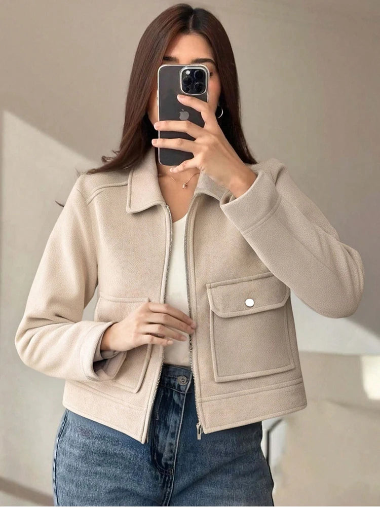 Women's Cropped Zip-Up Jacket – Short Elegant Coat with Snap Pockets