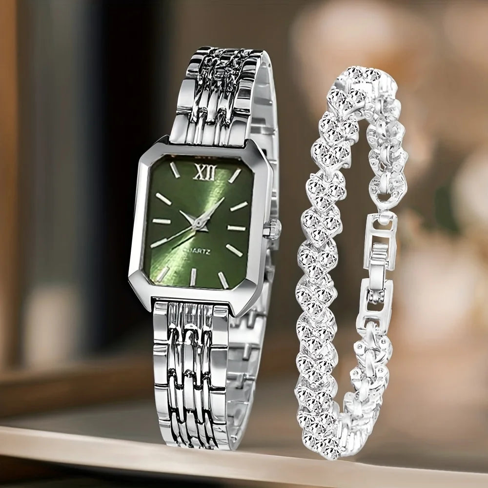 Women's Rectangle Quartz Watch & Rhinestone Bracelet Set