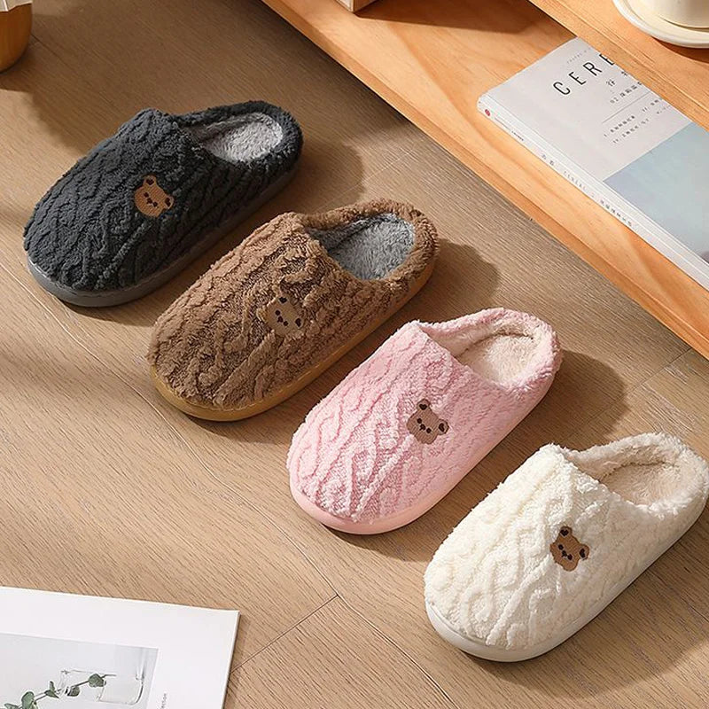 Fluffy Bear Cartoon Winter Slippers – Warm Cozy House Shoes for Women & Men