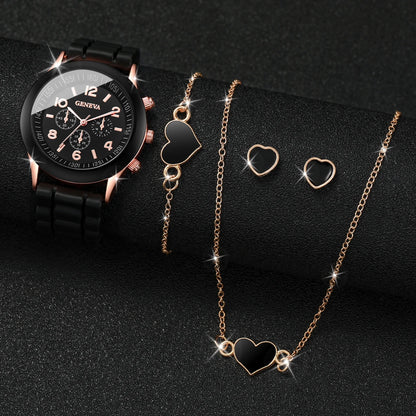 Women's Quartz Watch & Jewelry Set with Silicone Band