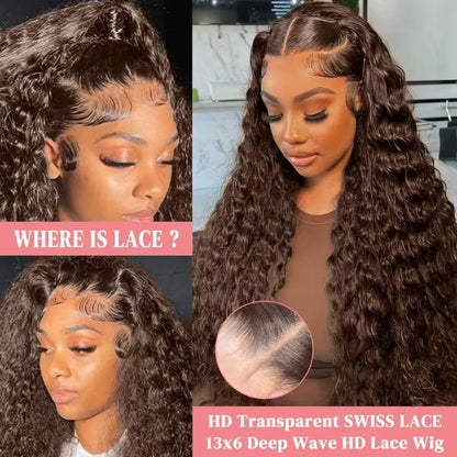 Chocolate Brown Deep Wave HD Lace Front Wig – 13x6, 180%/220%/250% Density