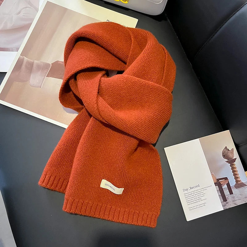 100% Wool Knitted Scarf – Women's Thick Solid Color Winter Shawl