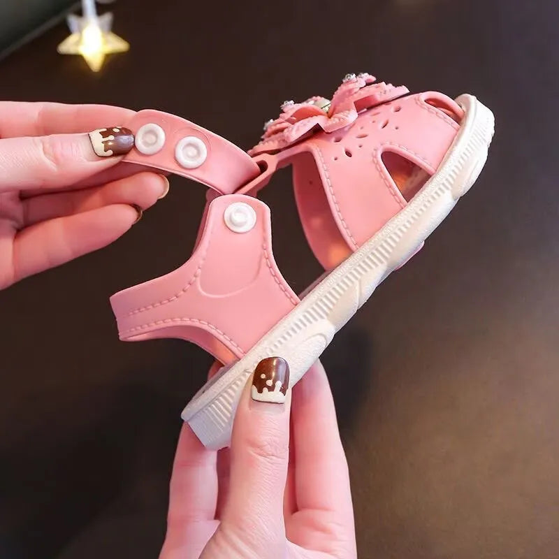 Girls Flower Rhinestone Sandals – Soft Sole Closed Toe