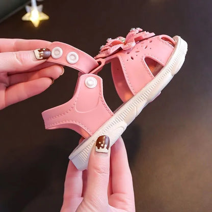 Girls Flower Rhinestone Sandals – Soft Sole Closed Toe