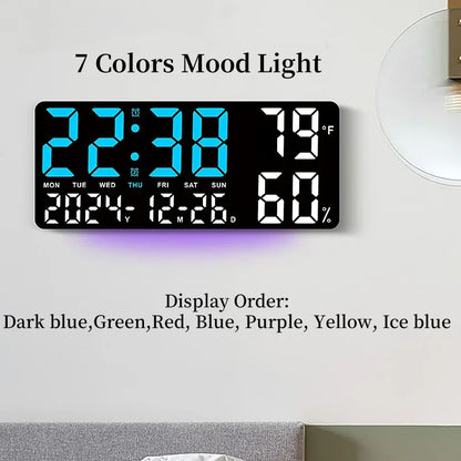 Large LED Digital Wall Clock with 7-Color Mood Light & Dual Alarm