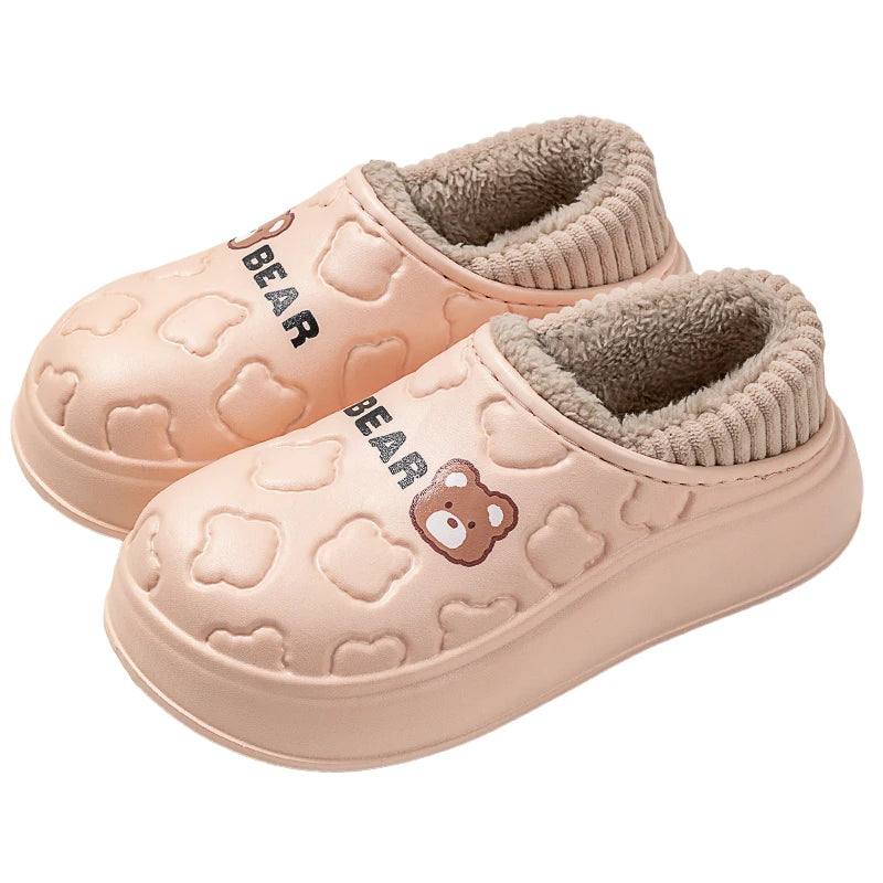 Waterproof Fur-Lined Bear Slippers – Unisex Winter House Shoes