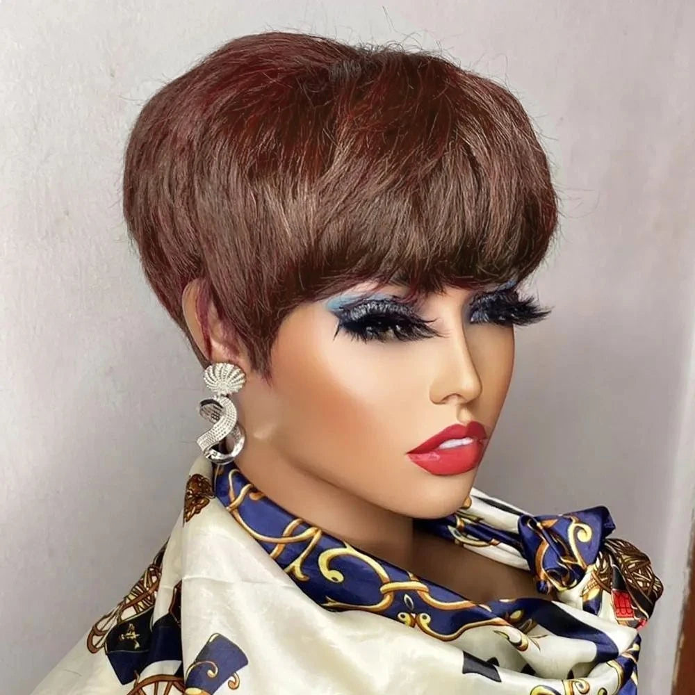 Short Pixie Cut Human Hair Wig with Bangs for Black Women
