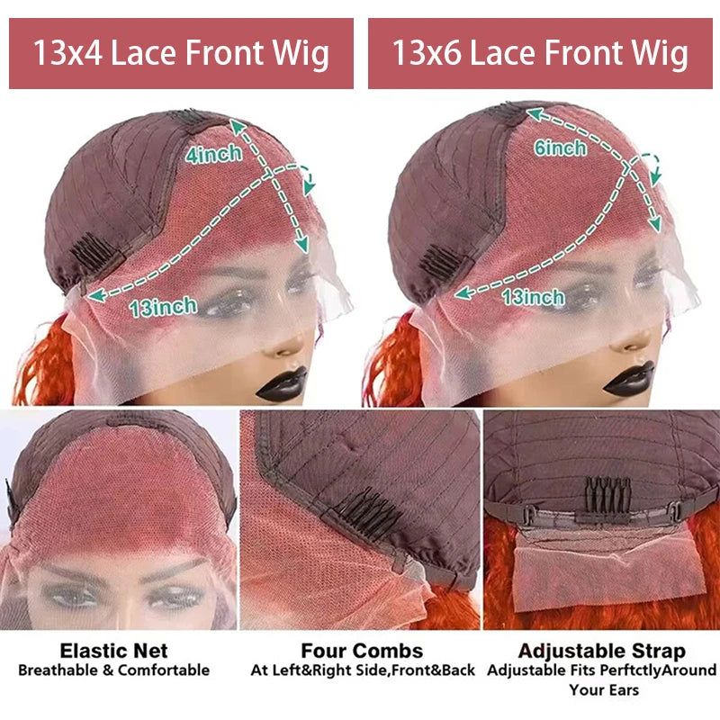 Ginger Orange Water Wave Lace Front Wig Human Hair 13x4 13x6 16-42 Inch