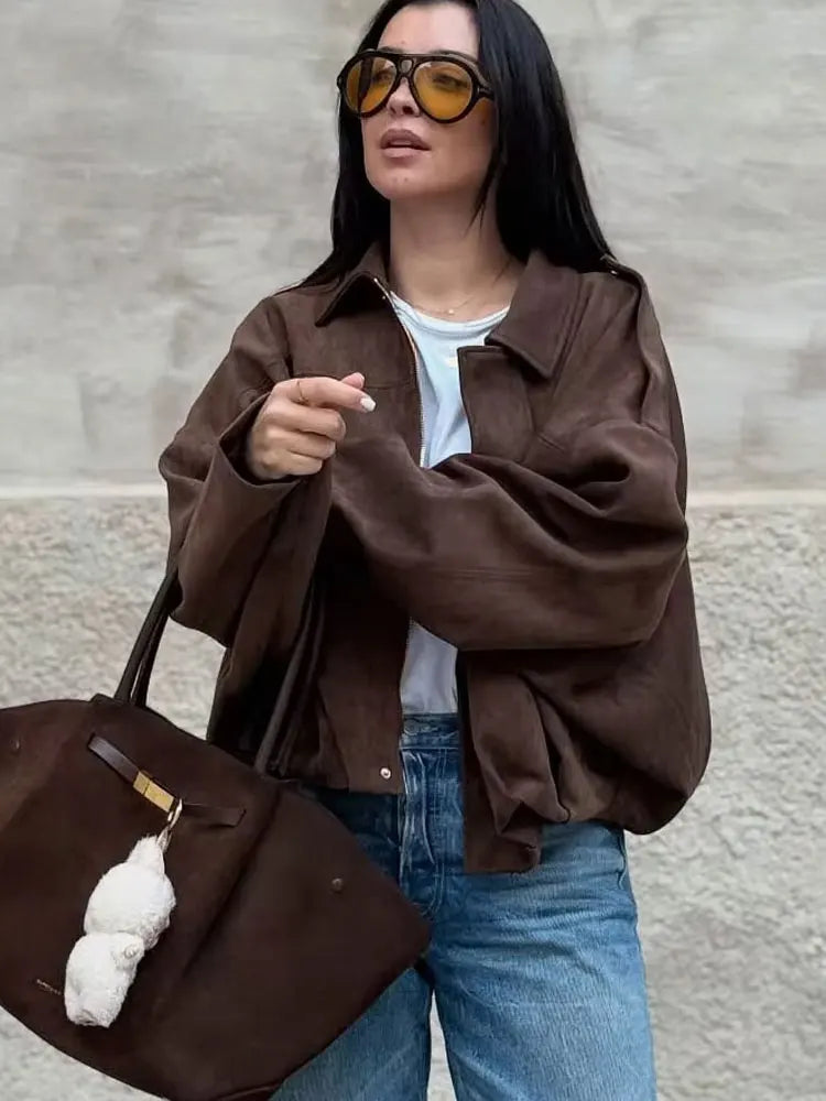Women's Oversized Suede Coat – Bat Sleeve Zip-Up Winter Jacket