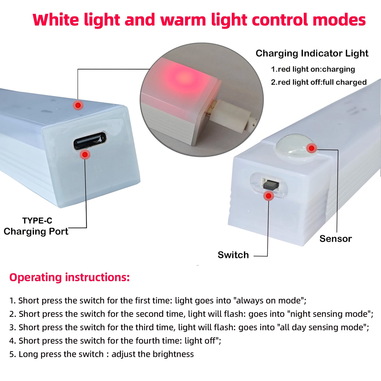 Motion Sensor LED Night Light – USB-C Rechargeable, 3 Color Modes