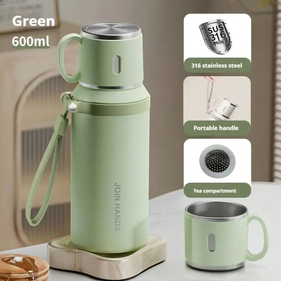 Vacuum Insulated Thermal Water Bottle with Cup Lid & Carry Strap – 600ml