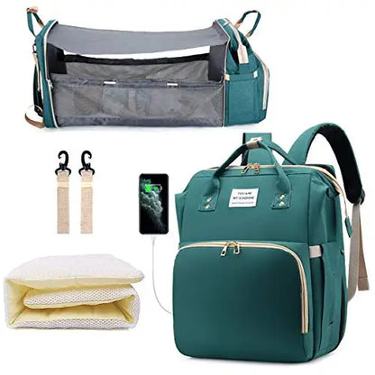 3-in-1 Diaper Bag Backpack with Foldable Baby Bed & USB Charge
