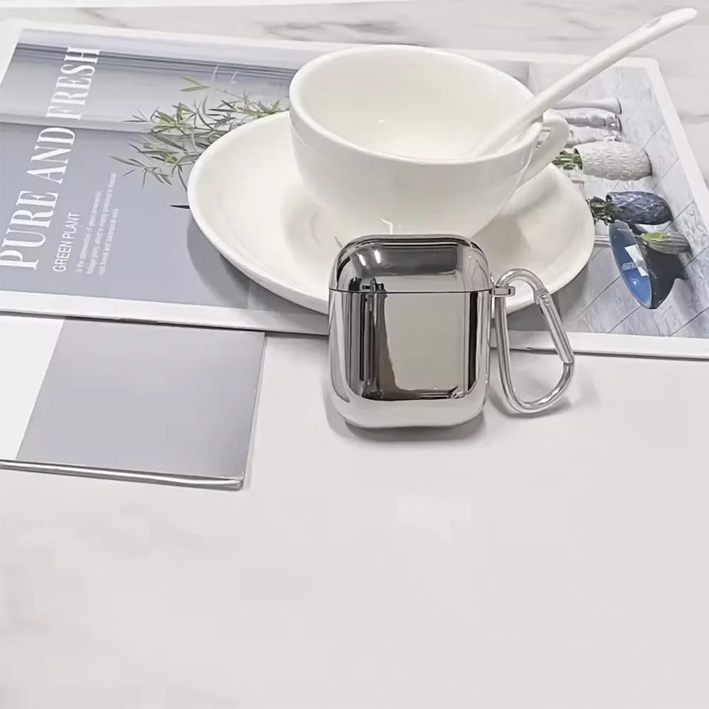 Silver Chrome AirPods Case – Electroplated Mirror Cover with Carabiner