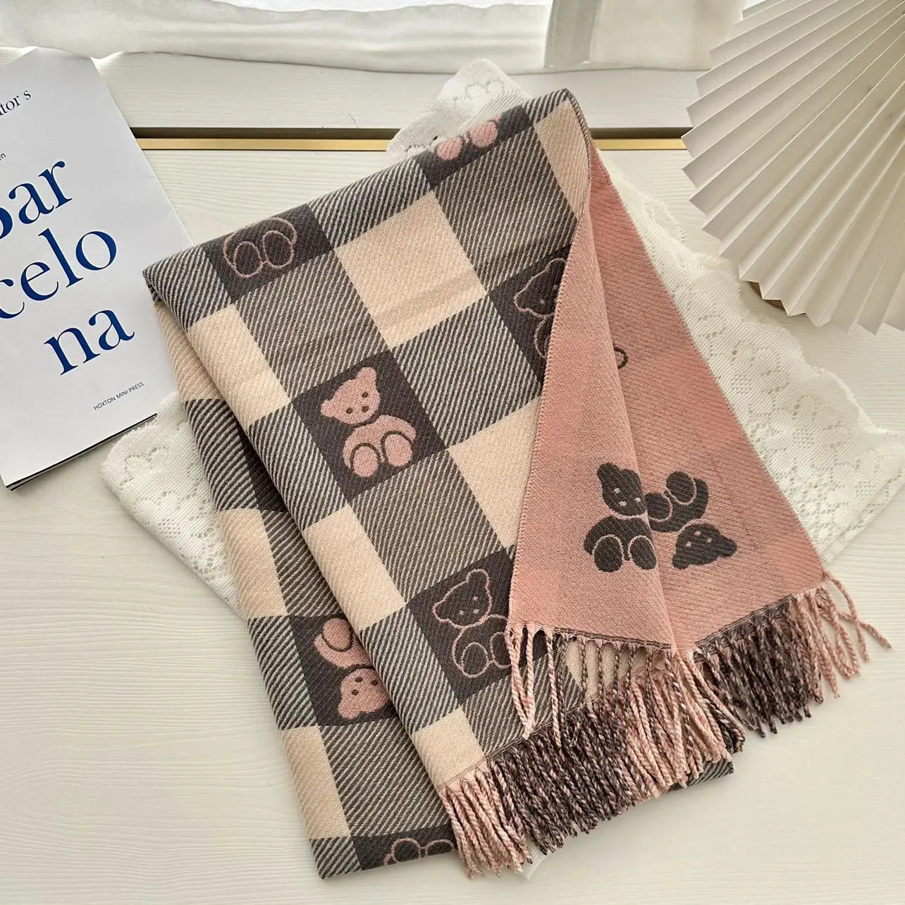 Cashmere Winter Scarf for Women – Bear Print Plaid Shawl with Tassel