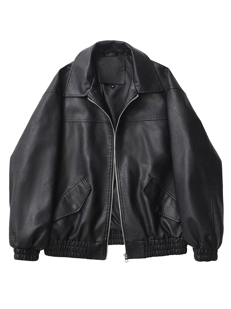 Faux Leather Jacket Women Loose Retro Zip Streetwear Coat