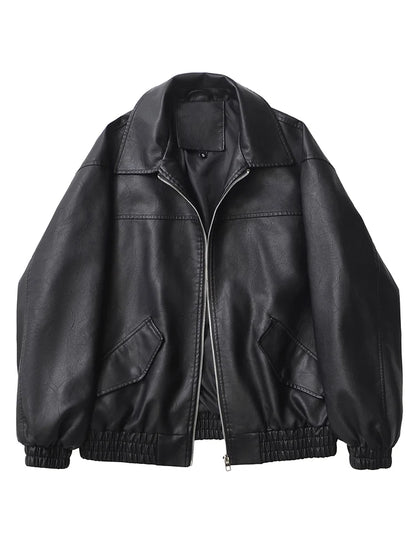 Faux Leather Jacket Women Loose Retro Zip Streetwear Coat