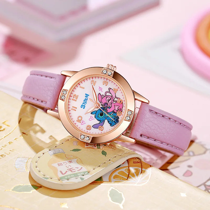 Stitch Kids Watch for Girls – Leather Strap Rhinestone Cartoon Dial