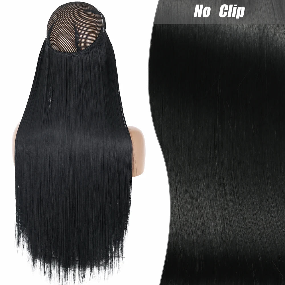 No-Clip Halo Hair Extensions – Long Wavy Synthetic Hairpiece