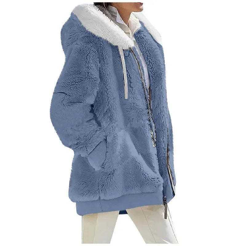 Women's Fleece Hooded Zip-Up Coat – Casual Warm Jacket for Fall & Winter