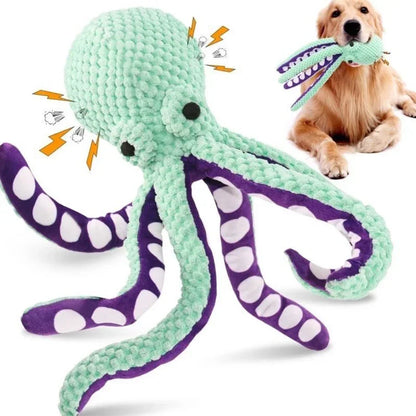 Squeaky Plush Octopus Dog Toy – Interactive Denim Chew Toy