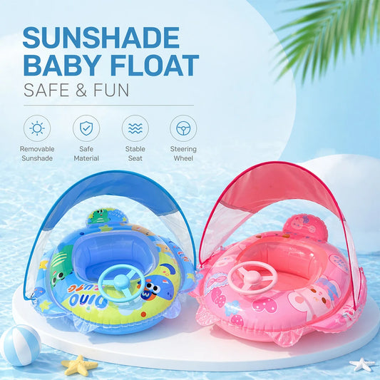 Baby Swim Float Seat Ring with Sunshade Canopy & Steering Wheel – Ages 0–6