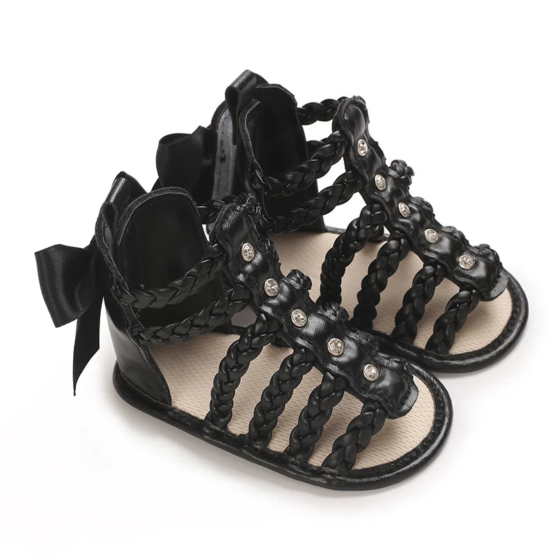 Baby Girl Roman Woven Sandals – Rivet Bow Open Toe 0–18 Months