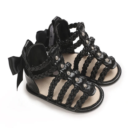 Baby Girl Roman Woven Sandals – Rivet Bow Open Toe 0–18 Months