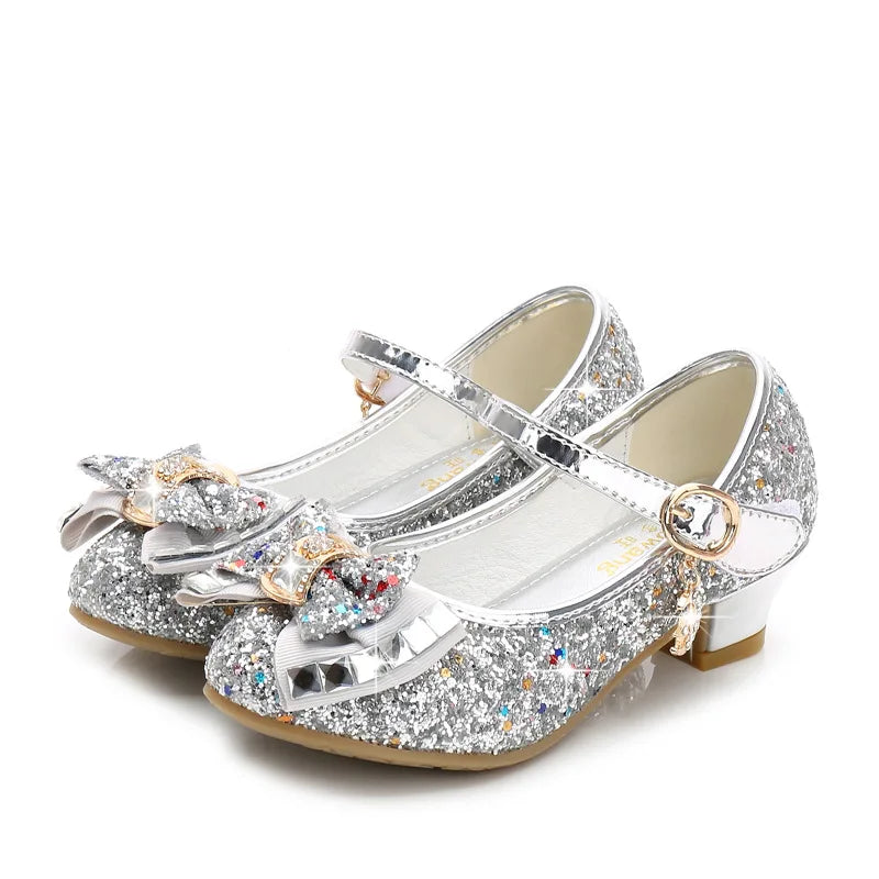 Girls Glitter Dress Shoes with Bow – Kids Low Heel Party Sandals