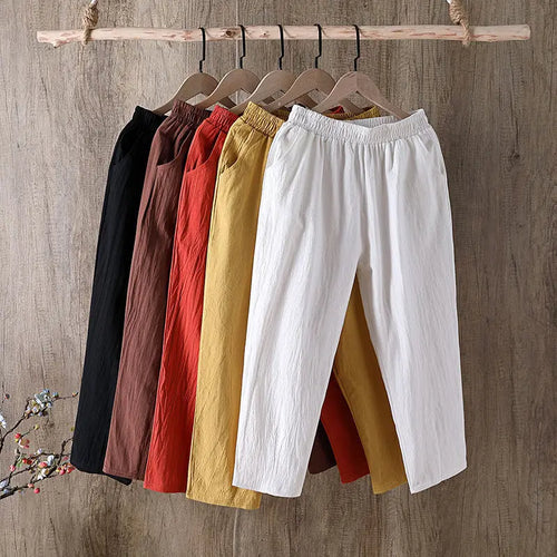 Women's Cotton Linen Harem Pants – Casual Loose Elastic Waist Cropped Trousers