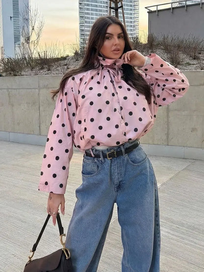 Women's Polka Dot Drawstring Jacket – Elegant Spring Coat