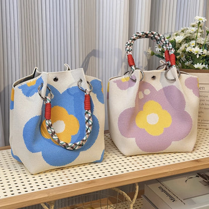 Color-Block Knitted Bucket Bag – Retro Striped Handbag