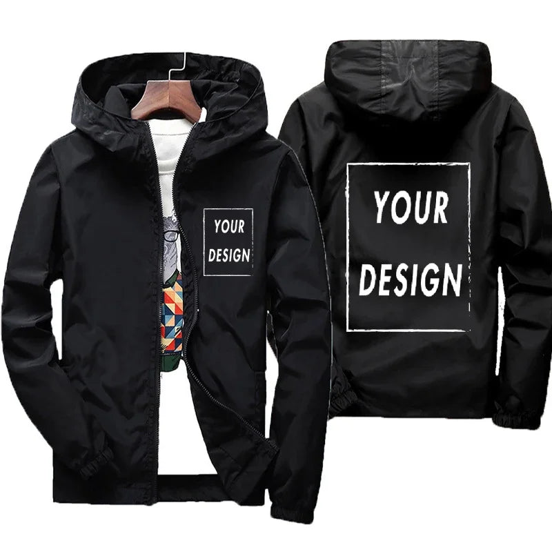 Men's Custom Logo Windbreaker Jacket – Waterproof Hooded Coat Up to 7XL