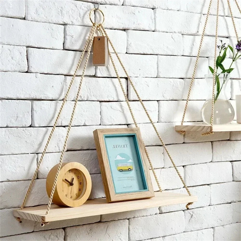 Wood Hanging Rope Swing Shelf – Wall Mounted Floating Shelf