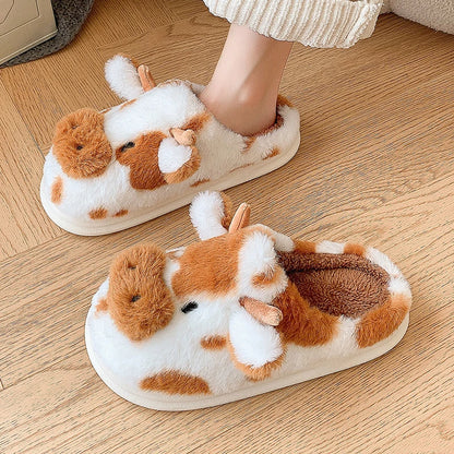 Cute Cow Fluffy Slippers for Women – Cozy Plush House Shoes