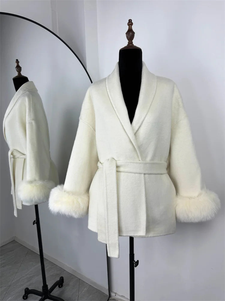 Women's Wool Coat with Fox Fur Cuffs & Belt – Elegant Short Overcoat