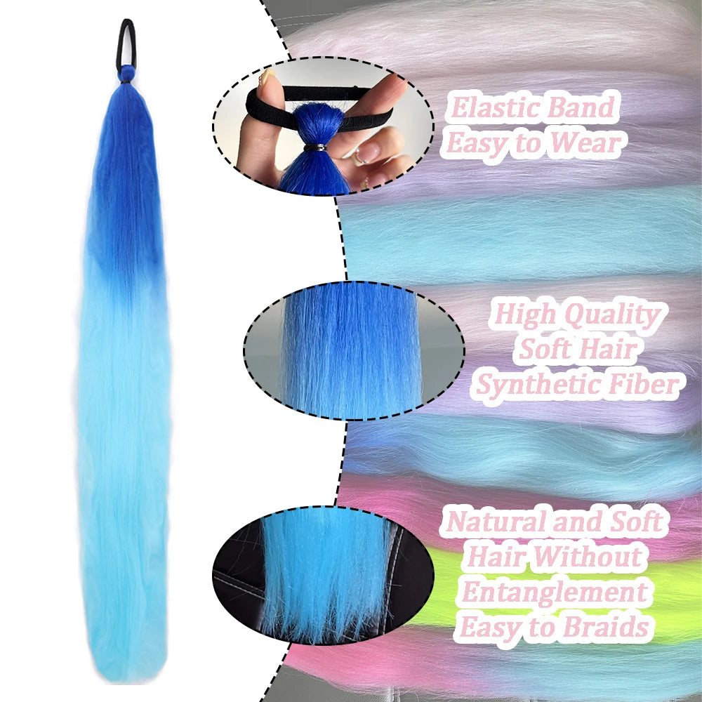Synthetic Ponytail Hair Extension 2pcs – Long Straight, Colorful, Braiding Hairpiece with Rubber Band