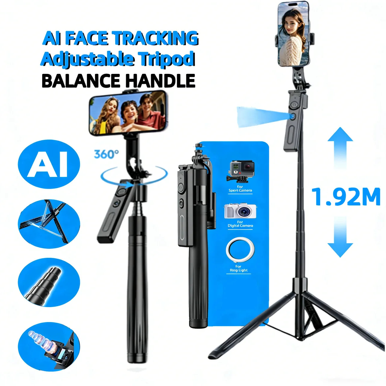 360° AI Face Tracking Selfie Stick Tripod with Remote