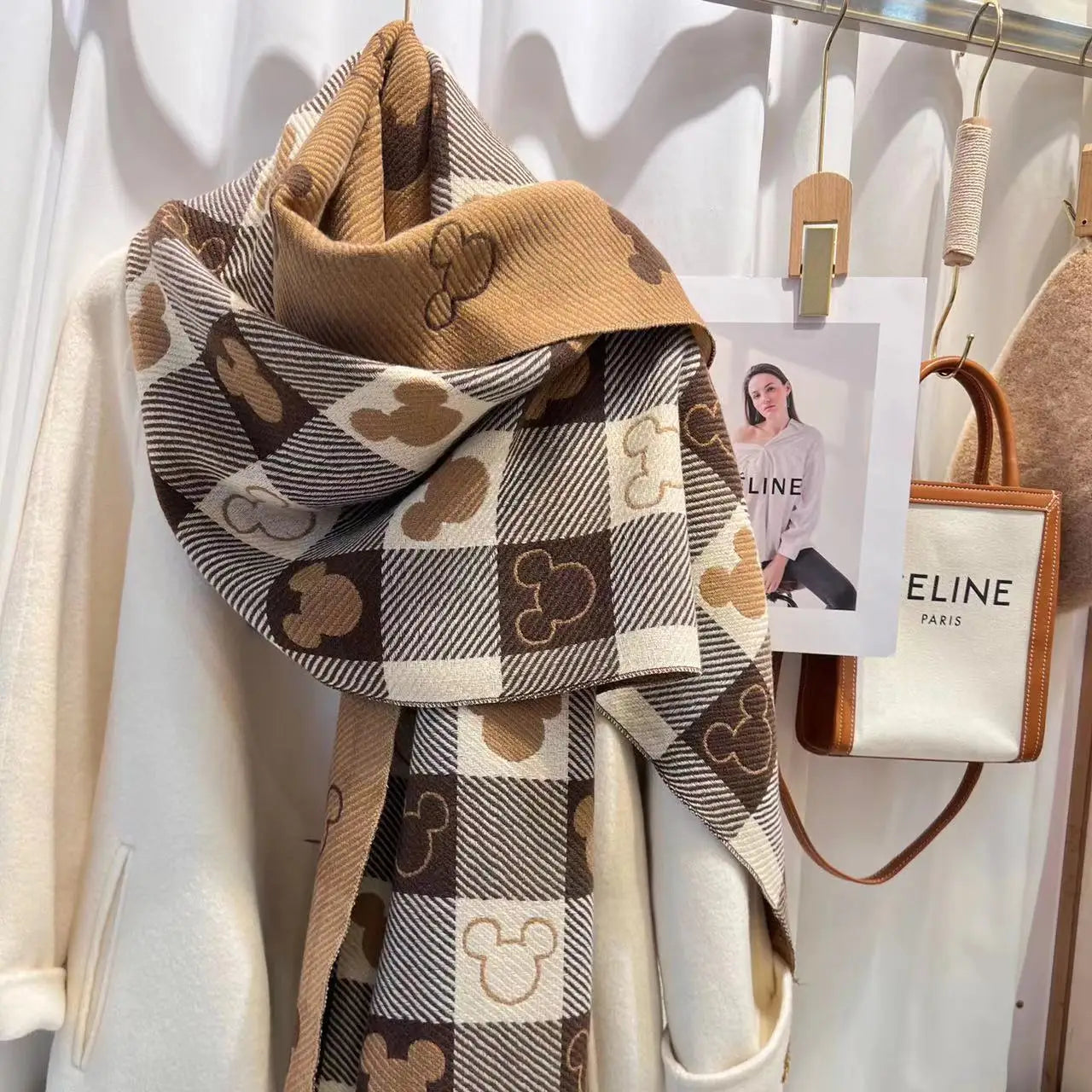 Cashmere Winter Scarf for Women – Bear Print Plaid Shawl with Tassel
